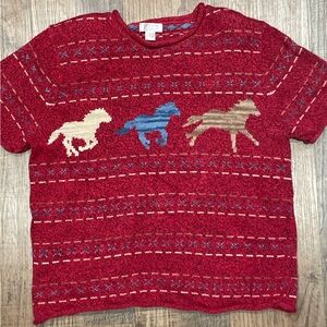 VTG Christopher & Banks Short Sleeve Red Knit Horse Sweater